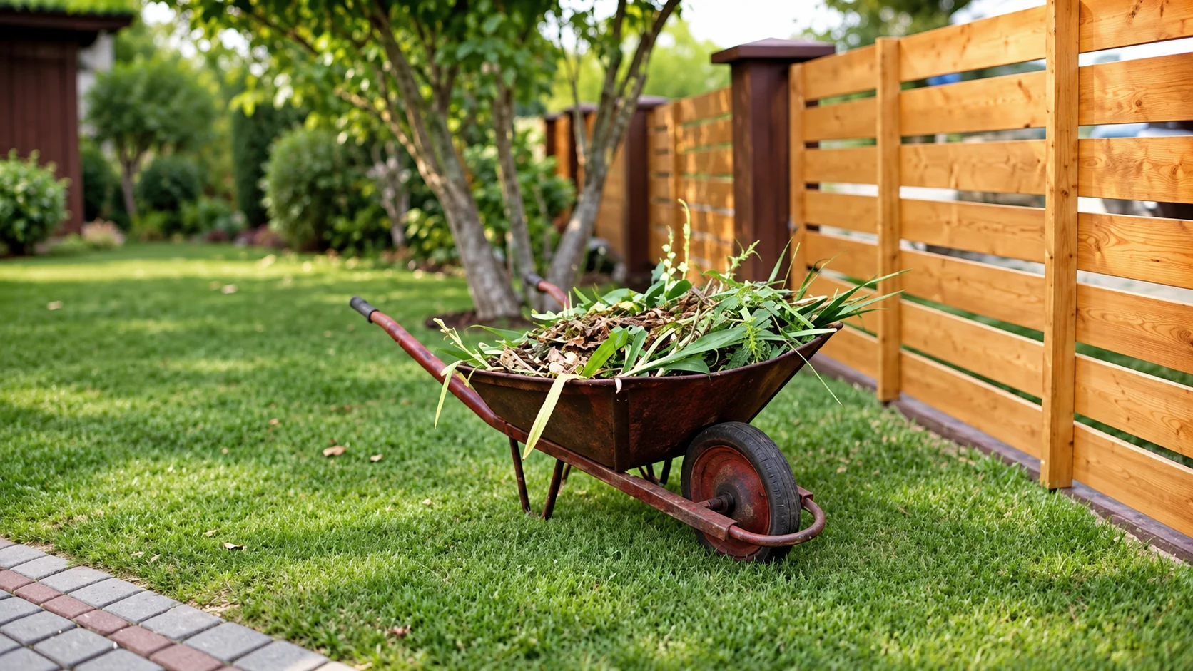 Hjólbörur með garðaúrgangi á grasflöt við viðarskjólvegg